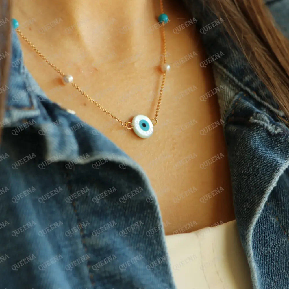 Evil Eye Fayrozi Necklace With Blue & Pearls Beads Necklaces