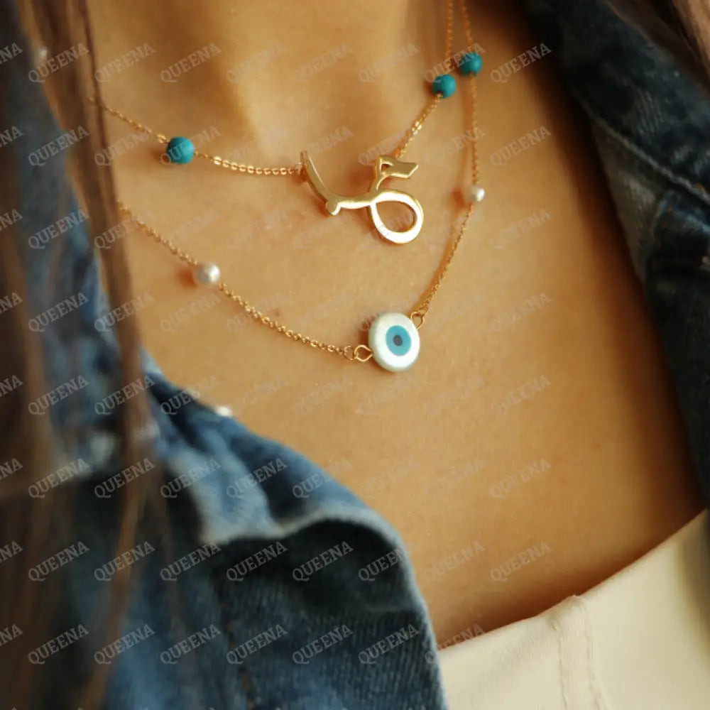 Evil Eye Fayrozi Necklace With Blue & Pearls Beads Necklaces