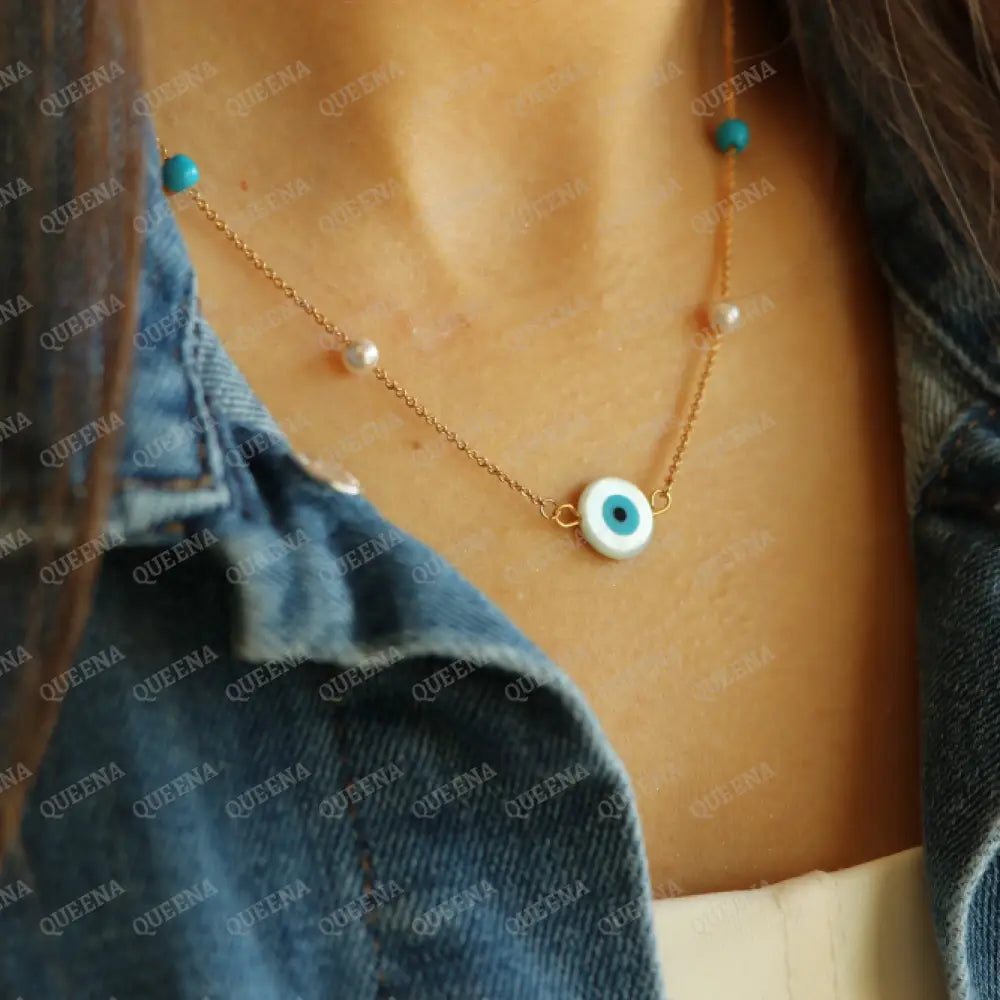Evil Eye Fayrozi Necklace With Blue & Pearls Beads Necklaces