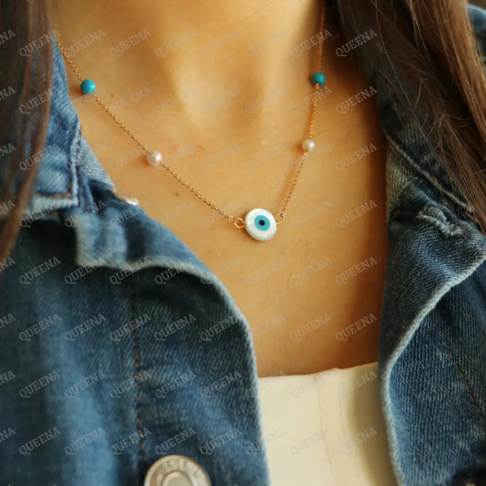 Evil Eye Fayrozi Necklace With Blue & Pearls Beads Necklaces