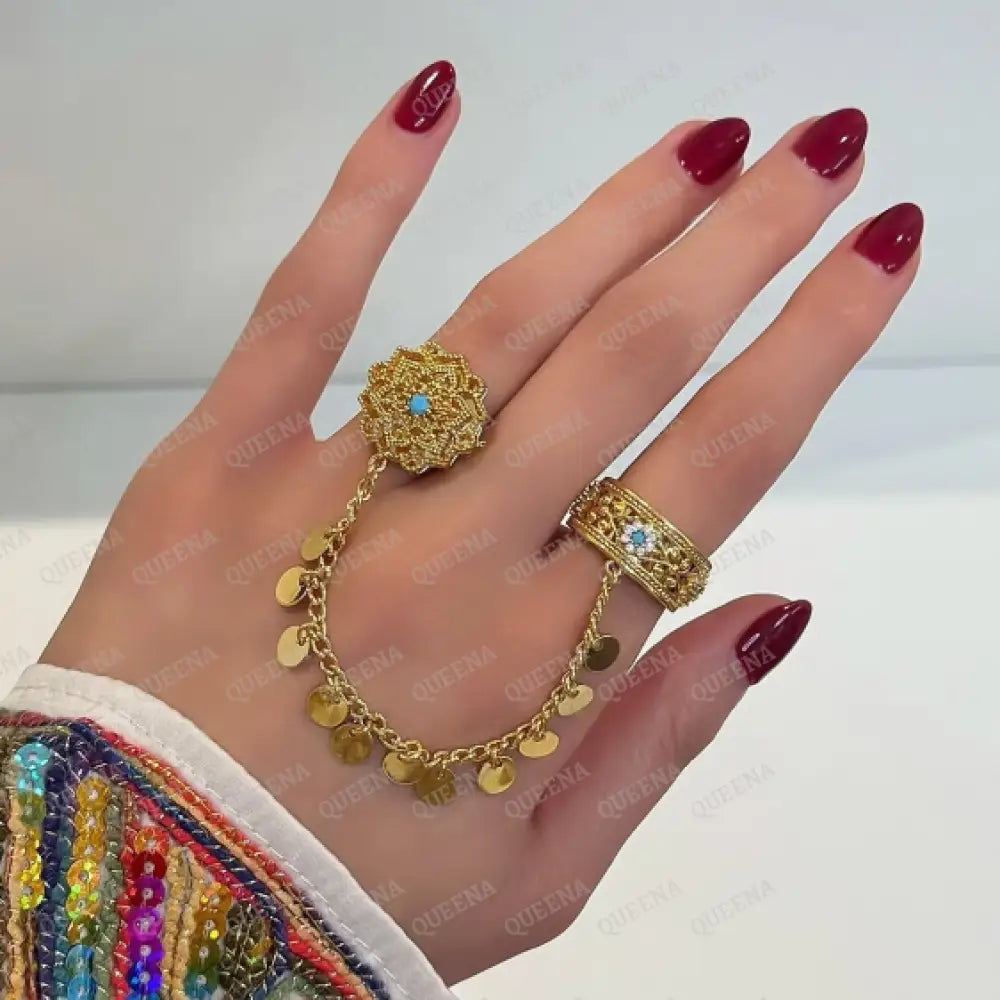 Fayrouzi Double Finger Ring with Chain - Adjustable Free Size - Rings