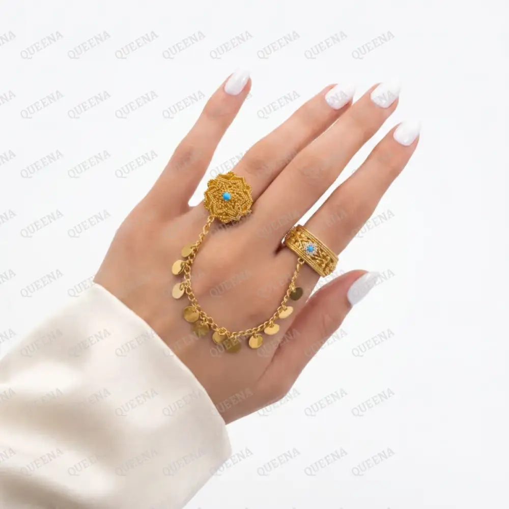Fayrouzi Double Finger Ring with Chain - Adjustable Free Size - Rings
