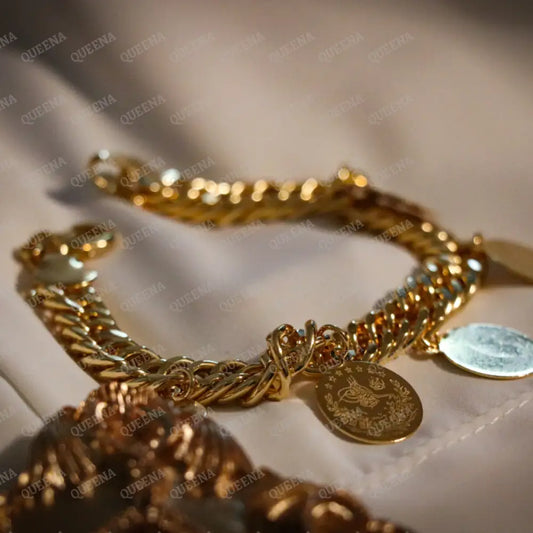 Gold Multi Lyra Coins Chain Bracelet