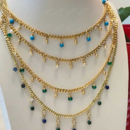 Golden Chain Choker Necklace with Colorful Beads - Necklaces