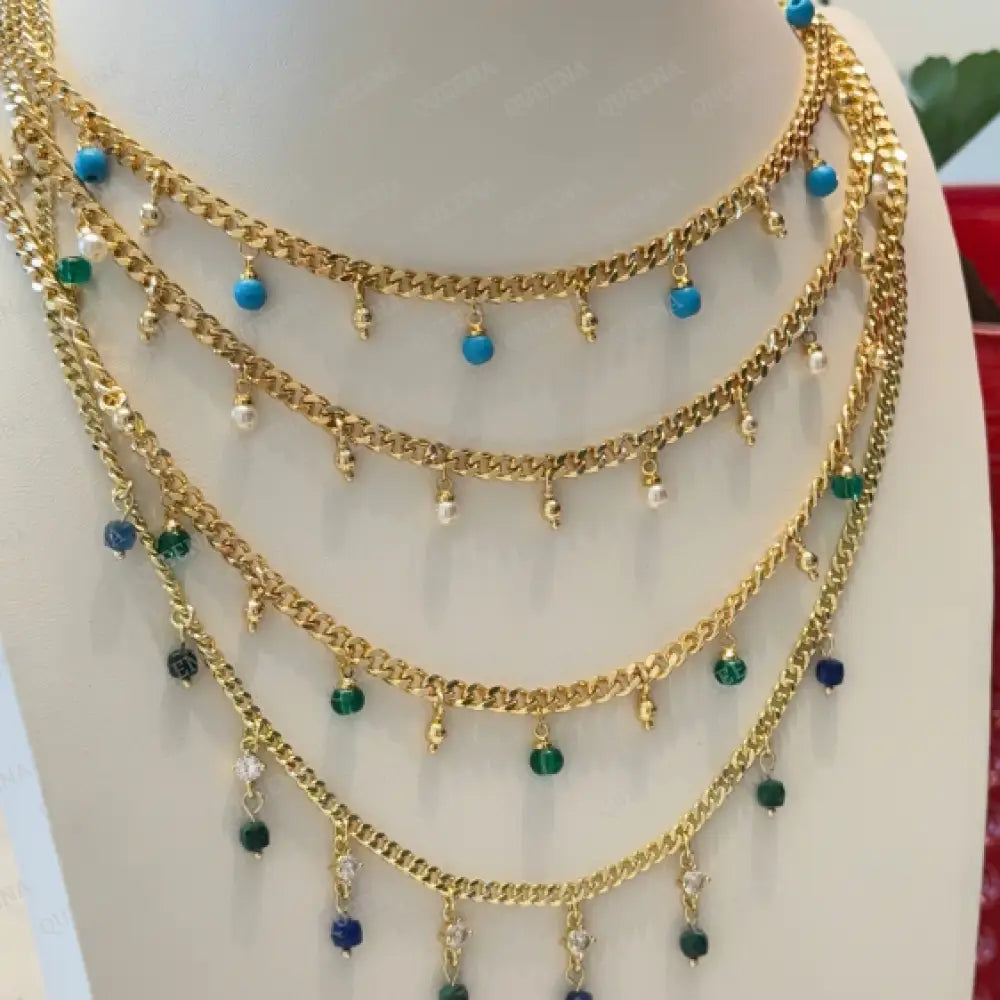 Golden Chain Choker Necklace with Colorful Beads - Necklaces