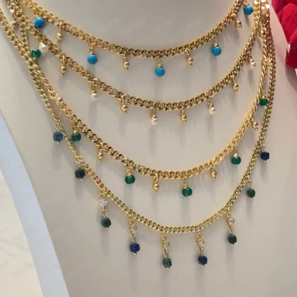 Golden Chain Choker Necklace with Colorful Beads - Necklaces