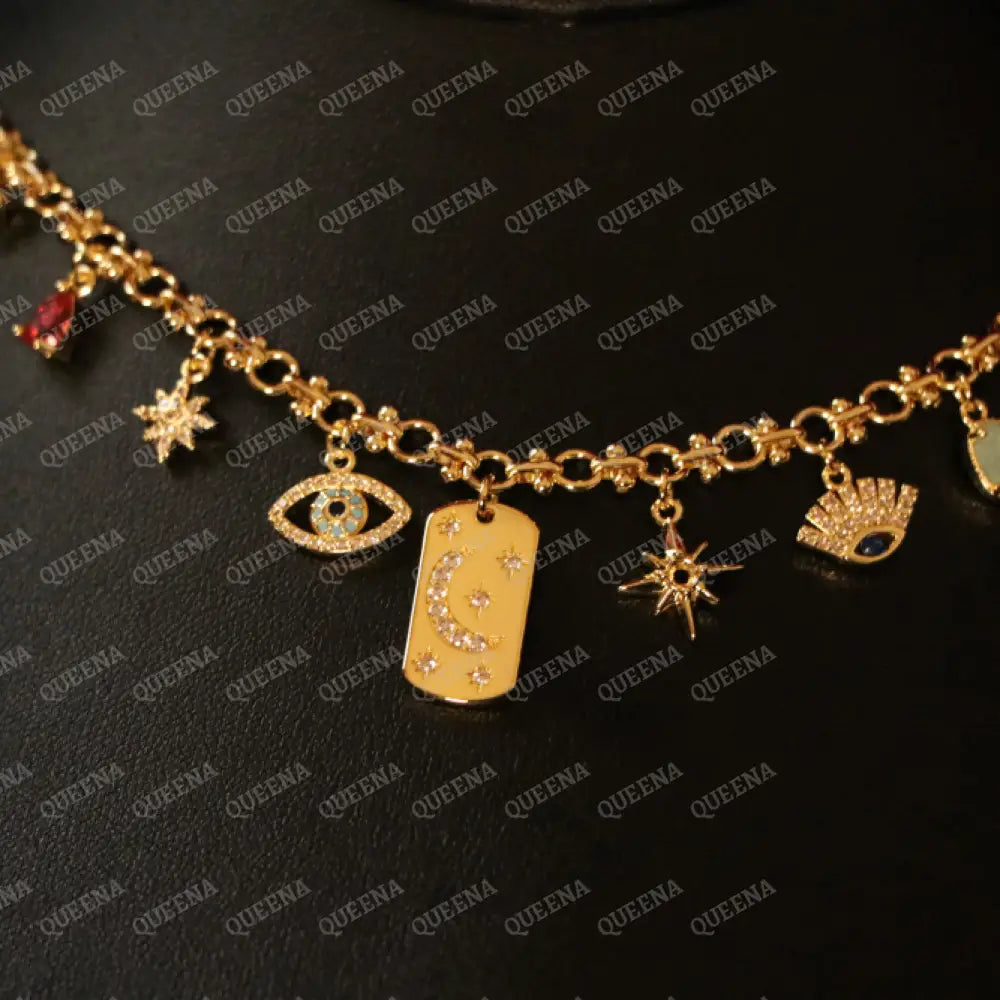 Golden Chin Necklace with Unique Charms Pendants Necklaces