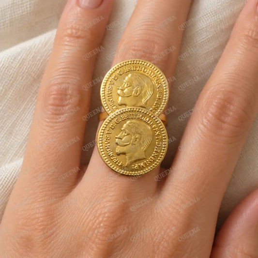Golden Double English LYRA Coin Ring - Adjustable Free Size - Rings
