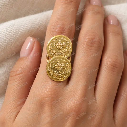 Golden Double Rashadi LYRA Coin Ring - Adjustable Free Size - Rings