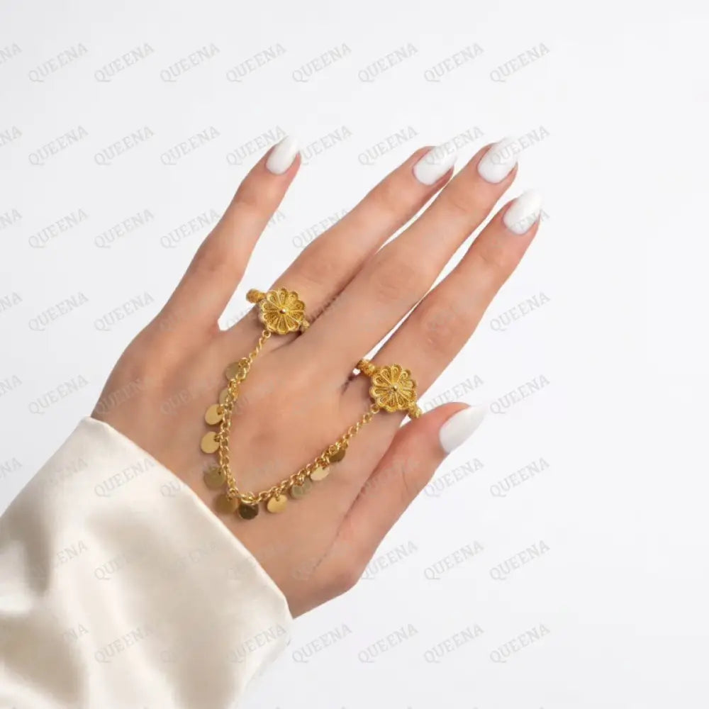 Golden Flower Double Finger Ring with Chain - Adjustable Free Size - Rings