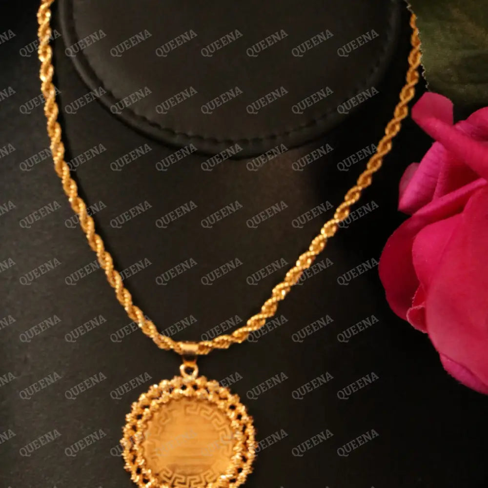 Golden Shiny Circular Ayat Al-Kursi Rope Long Necklace Necklaces