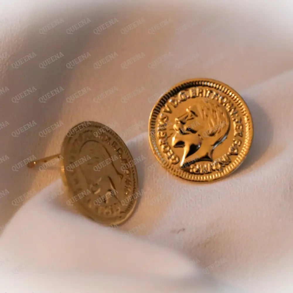 Golden Shiny Turkish Lyra Coin Stud Earrings