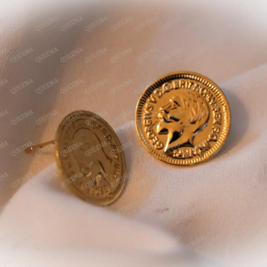Golden Shiny Turkish Lyra Coin Stud Earrings