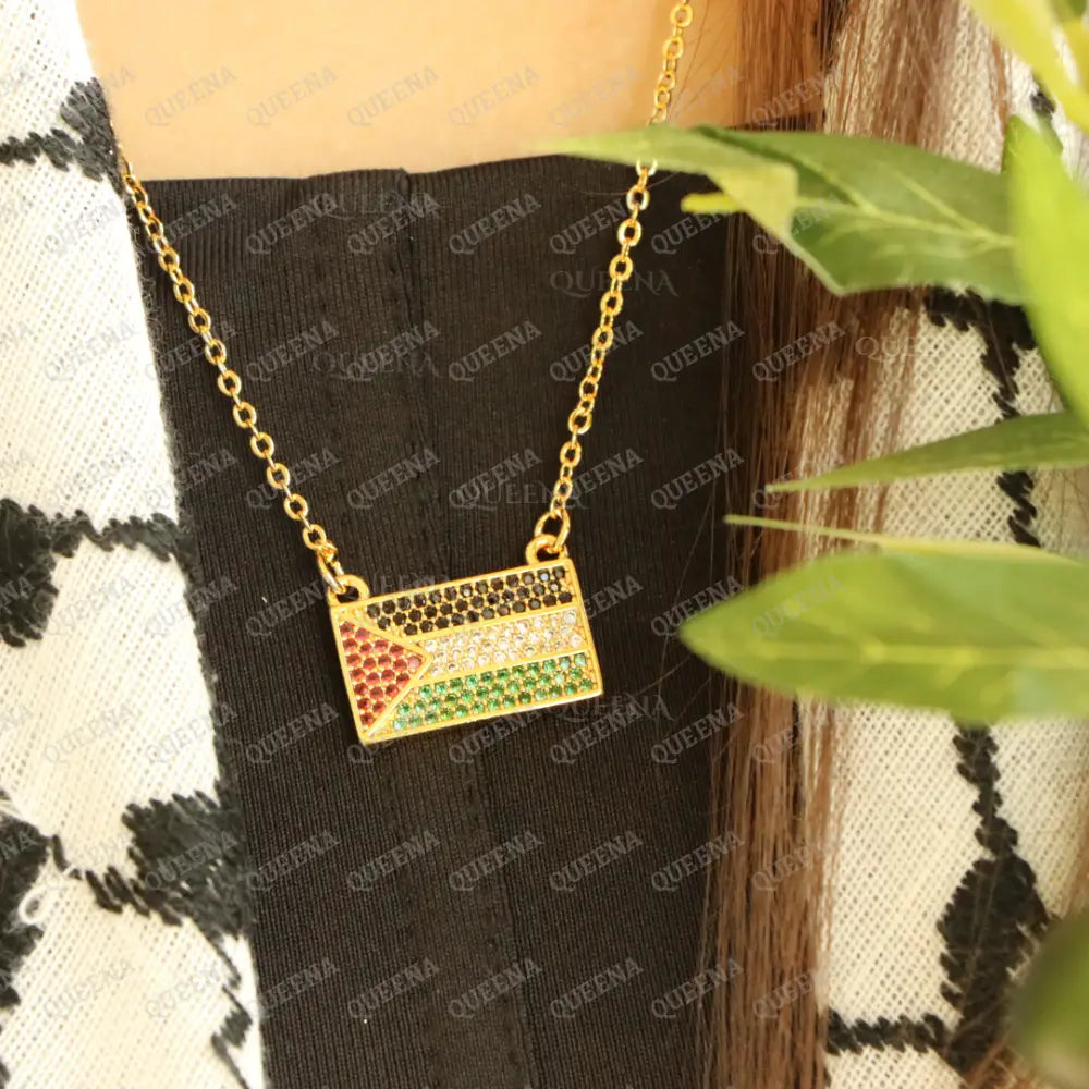 Golden Zircon Palestine Flag Necklace In The Colors Of Palestinian Necklaces