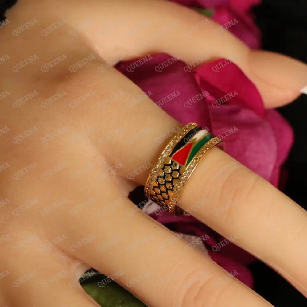 Golden Zircon Palestine flag RING in the colors of the Palestinian Flag and Keffiyeh Scarf Rings