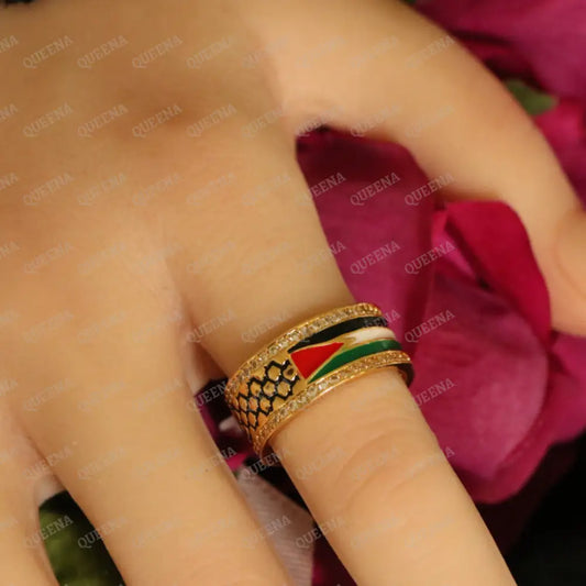 Golden Zircon Palestine flag RING in the colors of the Palestinian Flag and Keffiyeh Scarf Rings