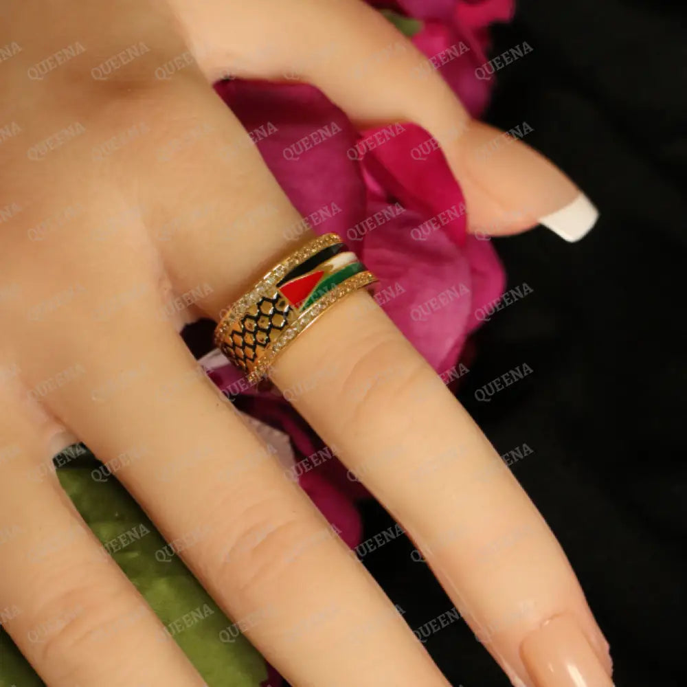 Golden Zircon Palestine flag RING in the colors of the Palestinian Flag and Keffiyeh Scarf Rings