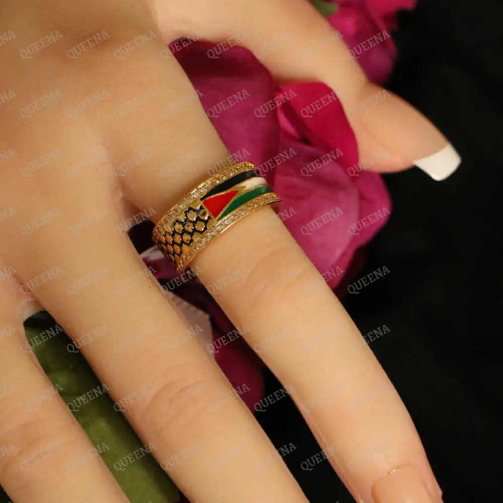 Golden Zircon Palestine flag RING in the colors of the Palestinian Flag and Keffiyeh Scarf Rings