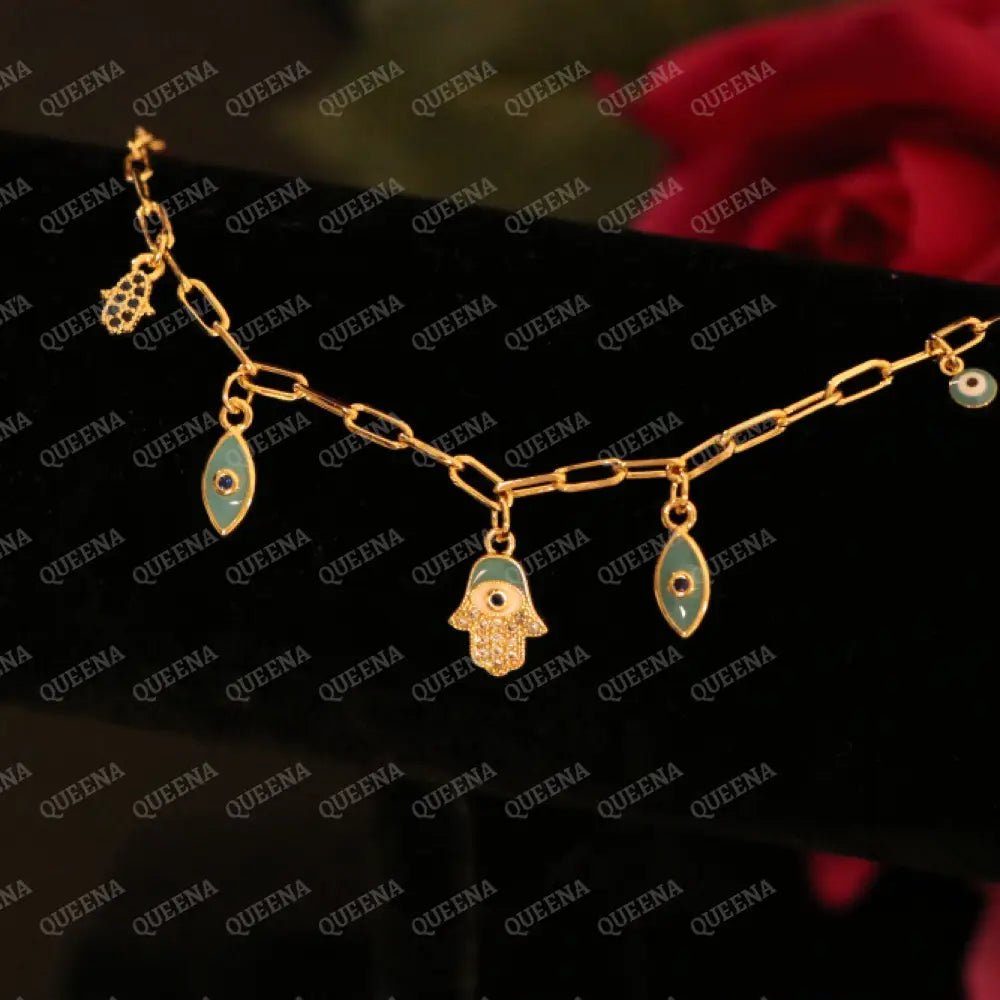 Hamsa Hand and Evil Eye Charms Paperclip Bracelet - Bracelet