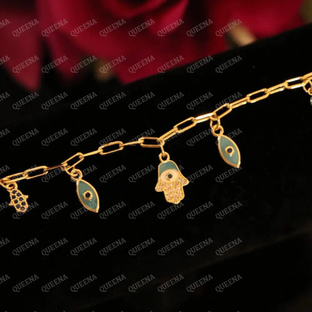 Hamsa Hand and Evil Eye Charms Paperclip Bracelet - Bracelet