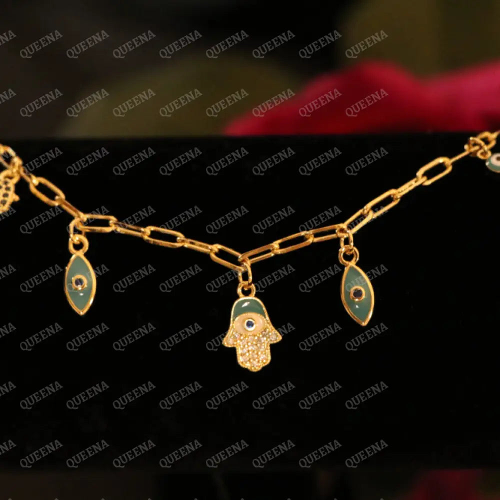 Hamsa Hand and Evil Eye Charms Paperclip Bracelet - Bracelet