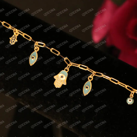 Hamsa Hand and Evil Eye Charms Paperclip Bracelet - Bracelet