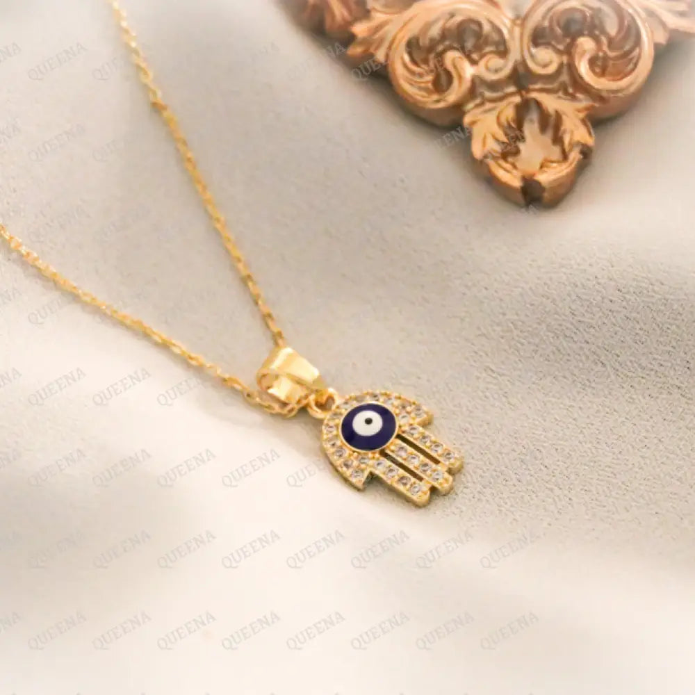 Hamsa Hand With Evil Eye Zircon Charm Necklace Necklaces