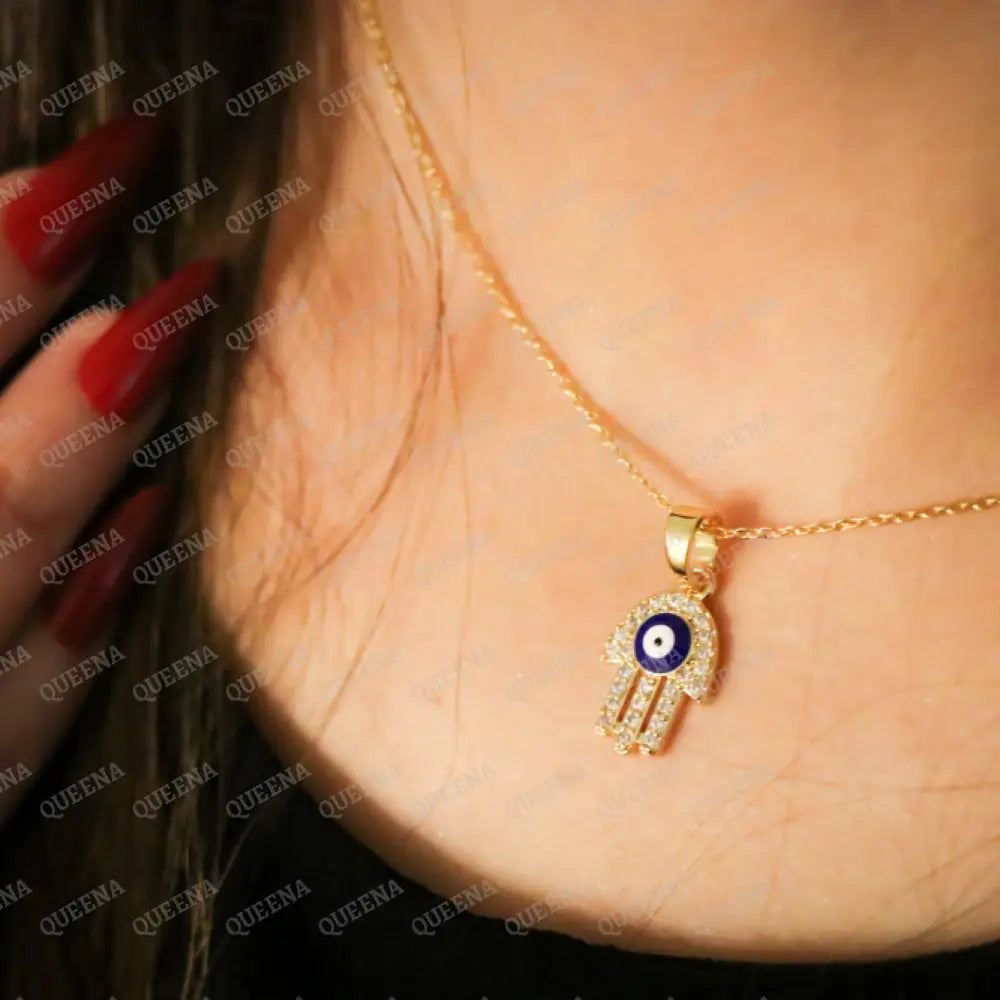 Hamsa Hand With Evil Eye Zircon Charm Necklace Necklaces