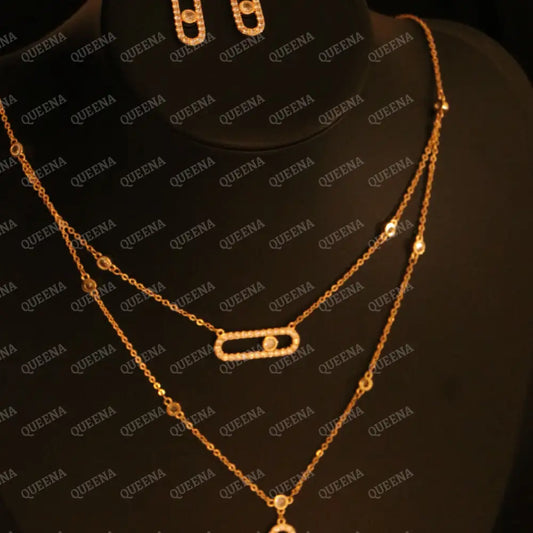 Iconic Messika Jewelry Set Studded with Full Zircon (Double Layer Necklace + Earrings) - Jewelry Sets