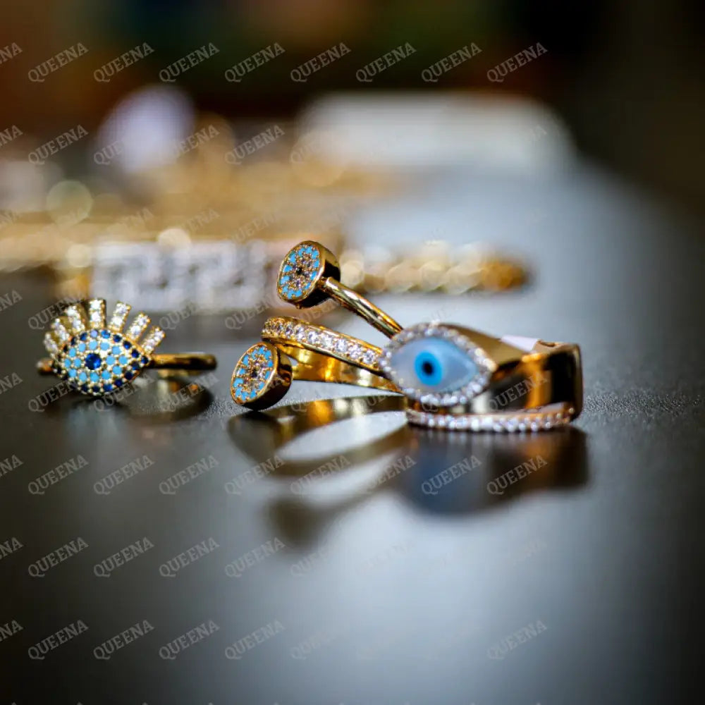 Lucky Turkish Evil Eye Golden Crystal And Zircon Ring Rings