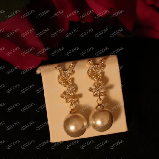 Luxe YSL Earrings Studded with Full Zircon and Pearls - earrings