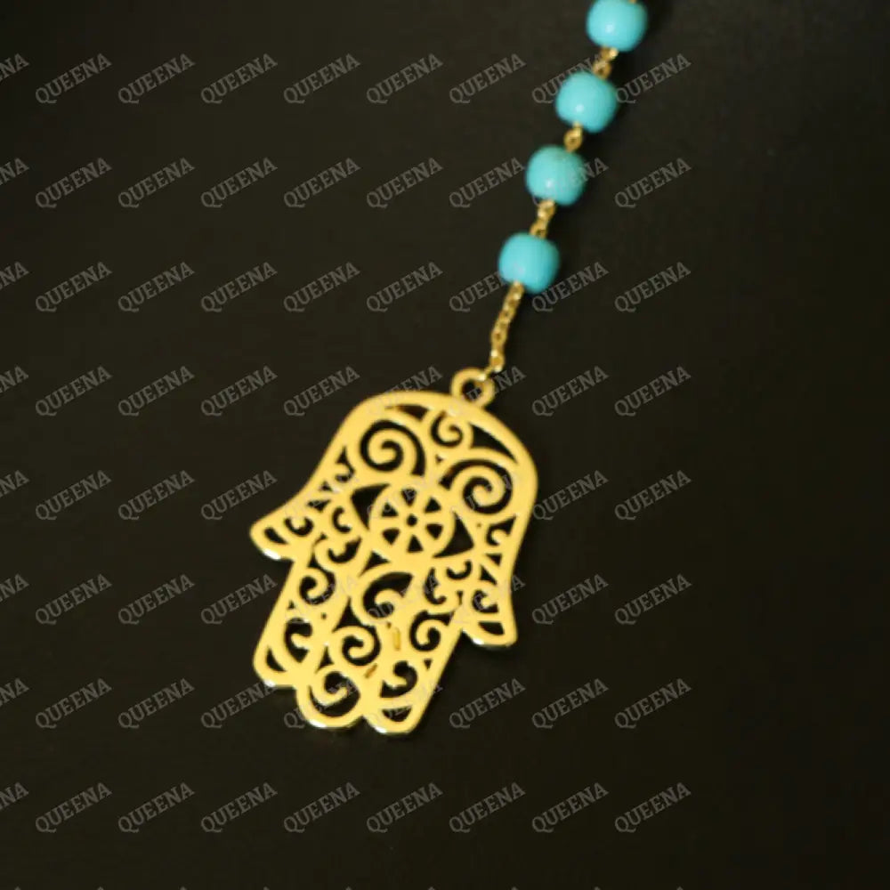 Luxurious ’Qul a3oz bi rab Al Falaq’ In Arabic Calligraphy with Fayrozi Turquoise beads ROSARY necklace With Hamsa Hand