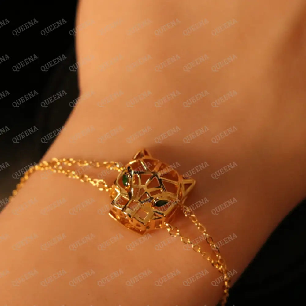 Luxury 18K Gold-Plated PANTHER Head JEWELRY SET 4 Pieces Golden Panther Head with Green Eyes Jewelry Sets