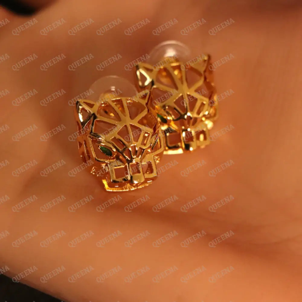 Luxury 18K Gold-Plated PANTHER Head JEWELRY SET 4 Pieces Golden Panther Head with Green Eyes Jewelry Sets