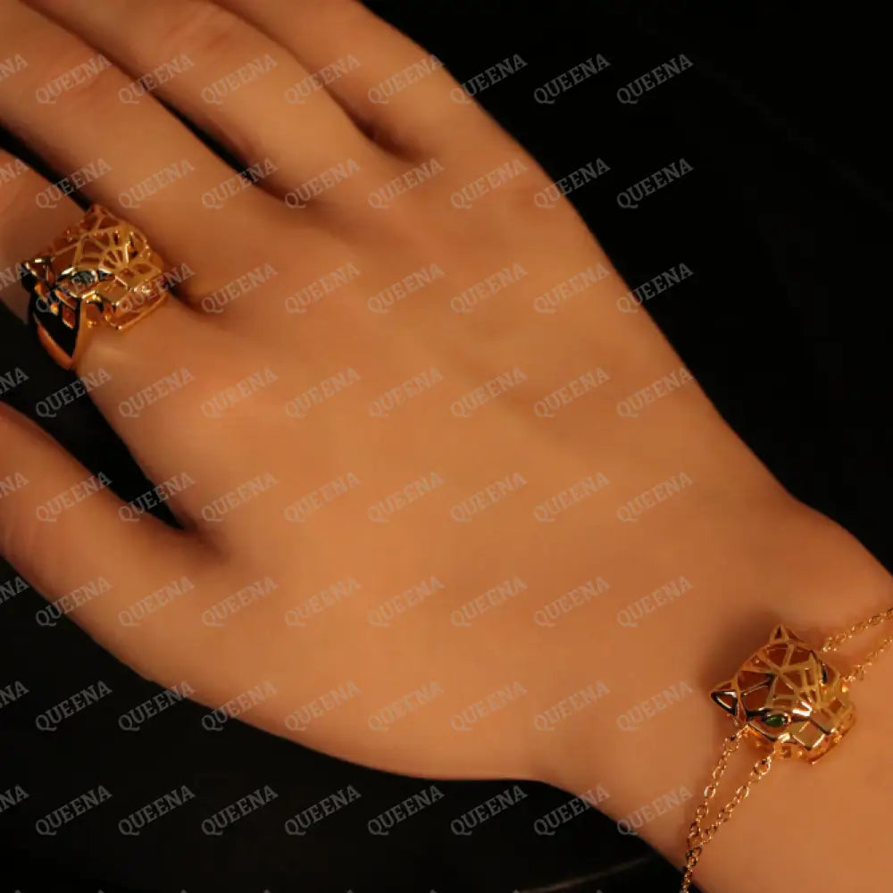 Luxury 18K Gold-Plated PANTHER Head JEWELRY SET 4 Pieces Golden Panther Head with Green Eyes Jewelry Sets