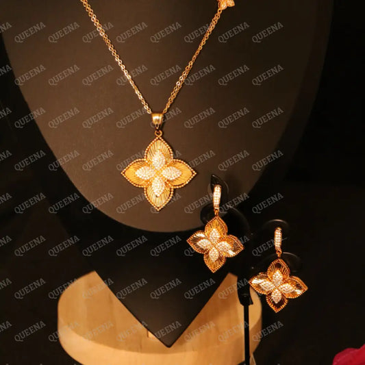 Luxury 21k Gold Plated Roberto Princess Golden Flower pendant Studed with Full Zircon (Long Pendant chain Necklace