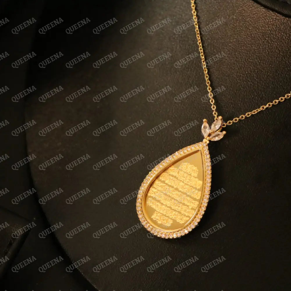 Luxury Almond- Shape Ayat Al-kursi Golden Chain Necklace Studded With Zircon and Crystals Necklaces