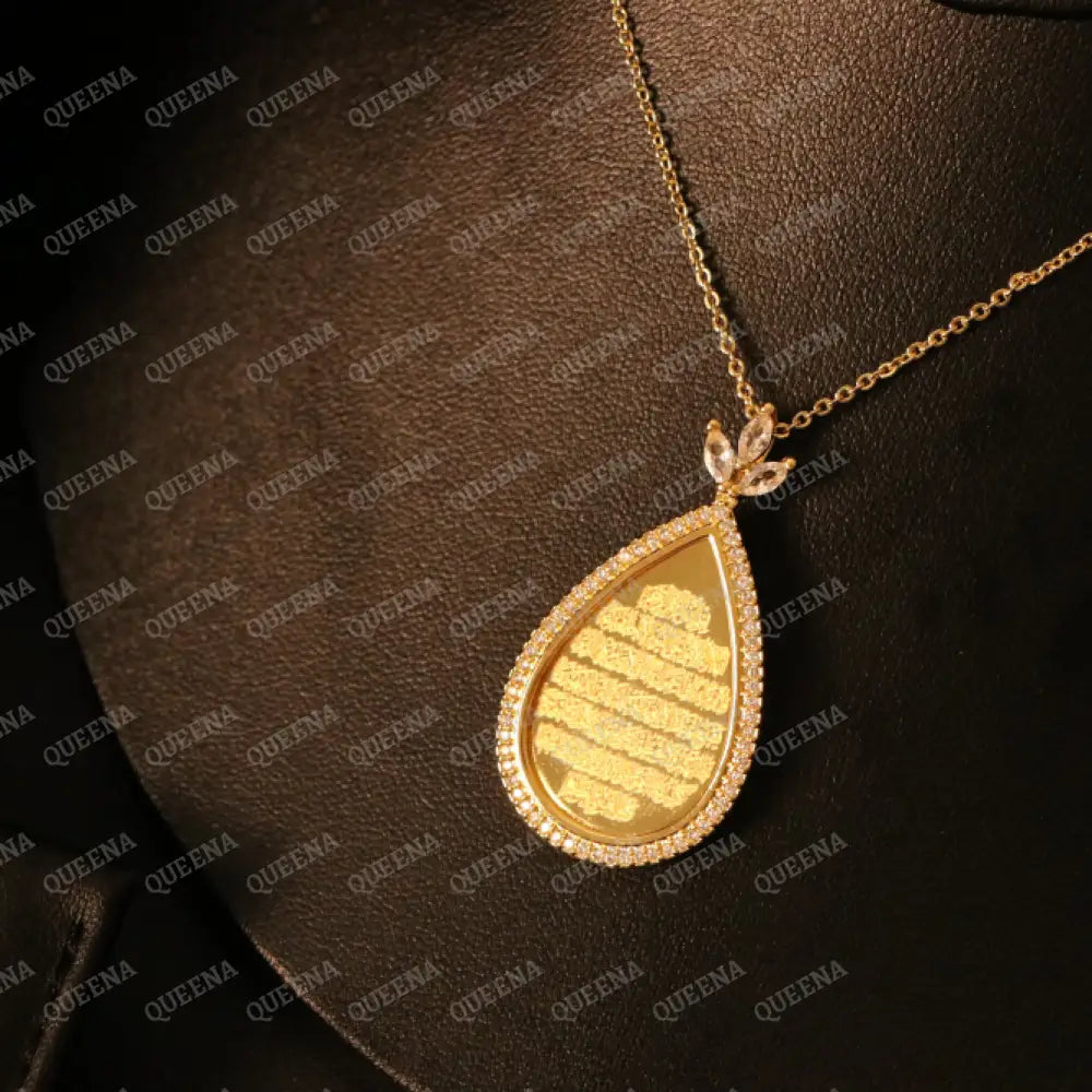 Luxury Almond- Shape Ayat Al-kursi Golden Chain Necklace Studded With Zircon and Crystals Necklaces