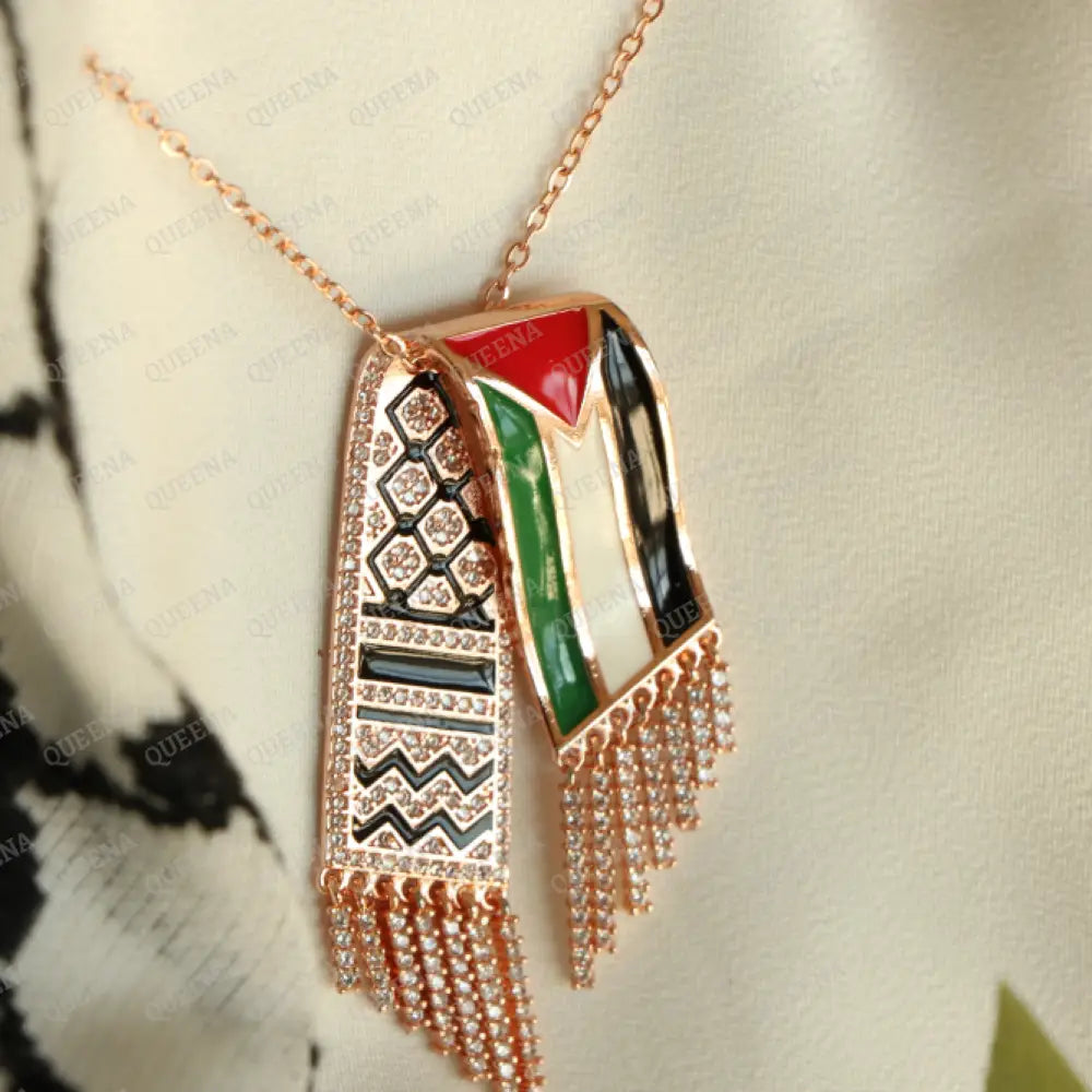 Luxury Big Rose Gold Zircon Necklace For Palestinian Keffiyeh Scarf With Palestine Flag - Pendant