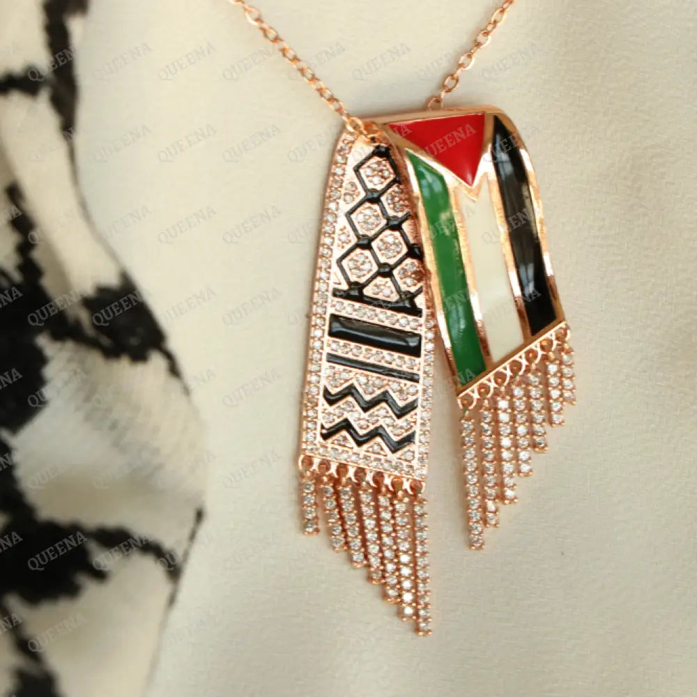 Luxury Big Rose Gold Zircon Necklace For Palestinian Keffiyeh Scarf With Palestine Flag - Pendant