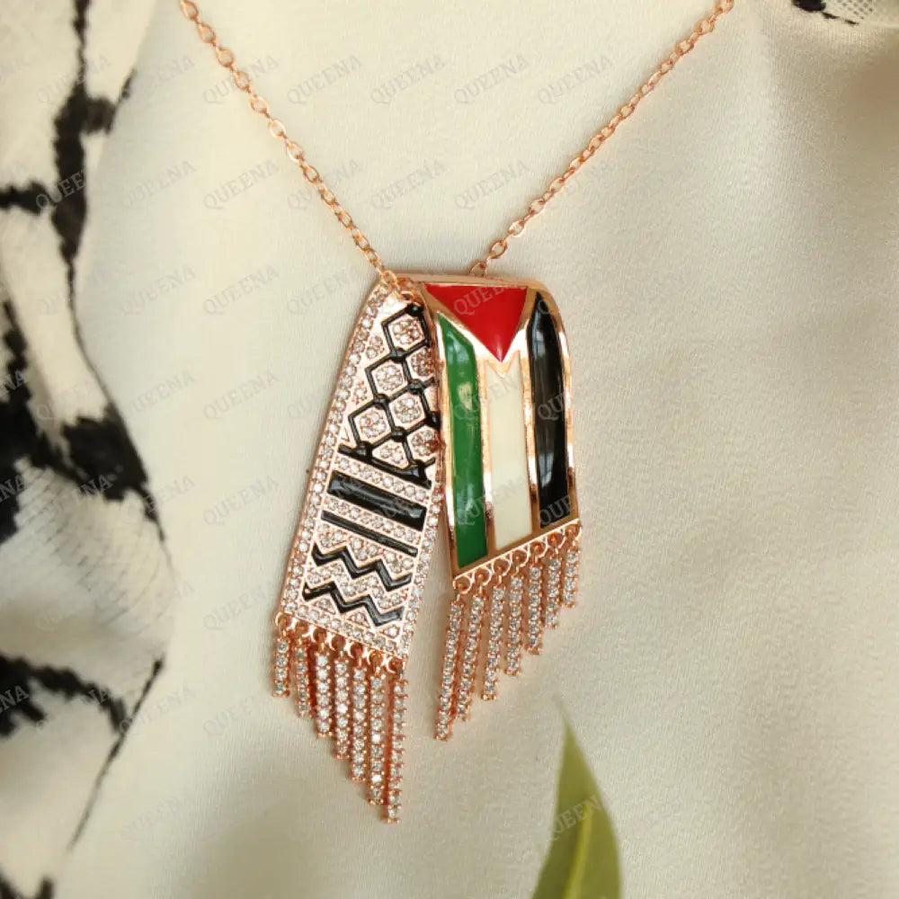 Luxury Big Rose Gold Zircon Necklace For Palestinian Keffiyeh Scarf With Palestine Flag - Pendant