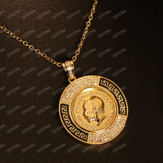 Luxury Circular Lyra Coin Pendant Studded with Zircon and Versace Black Pattern Necklaces