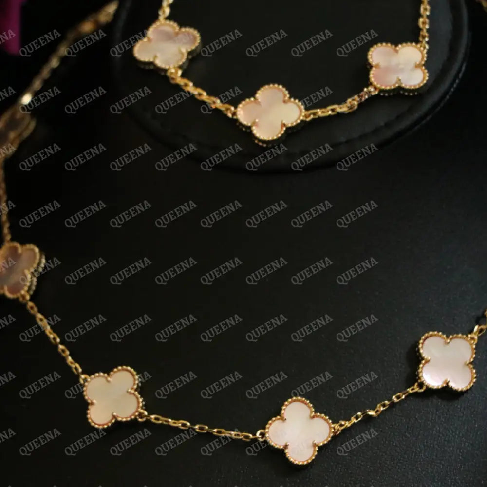 Luxury Clover Jewelry Set with 10 PEARL PINK Clover Flowers (Necklace + Bracelet) - High Quality 18k Gold Plated