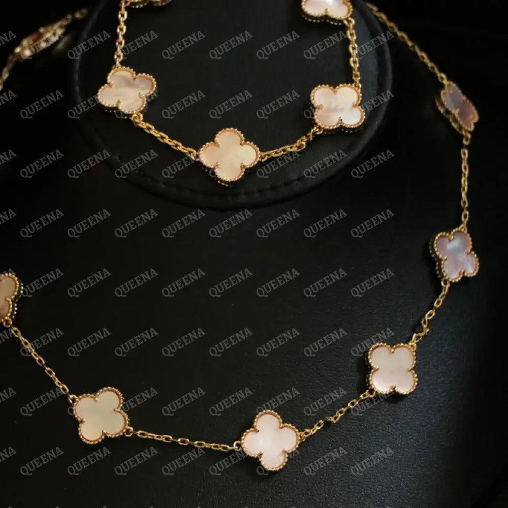 Luxury Clover Jewelry Set with 10 PEARL PINK Clover Flowers (Necklace + Bracelet) - High Quality 18k Gold Plated