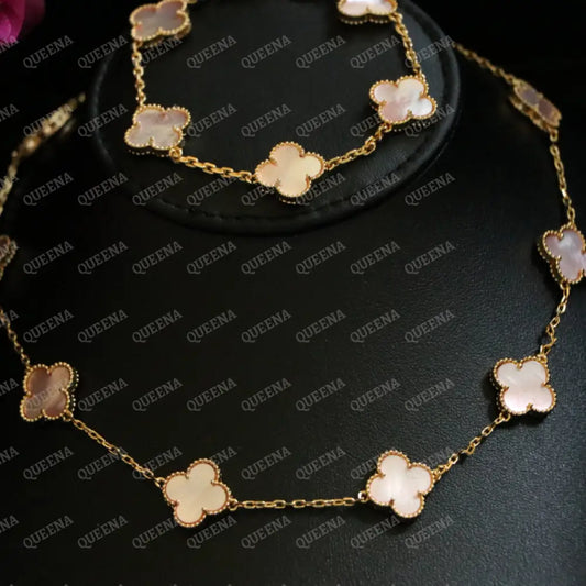 Luxury Clover Jewelry Set with 10 PEARL PINK Clover Flowers (Necklace + Bracelet) - High Quality 18k Gold Plated