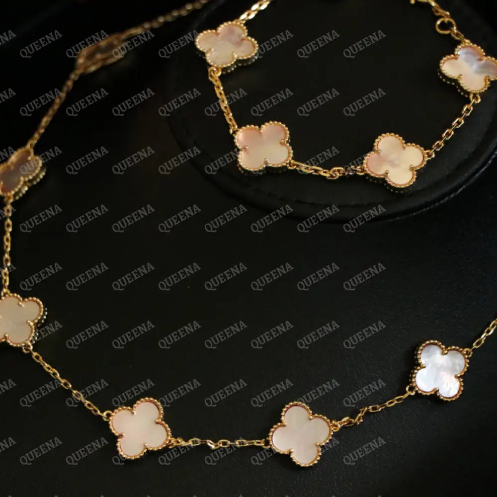 Luxury Clover Jewelry Set with 10 PEARL PINK Clover Flowers (Necklace + Bracelet) - High Quality 18k Gold Plated