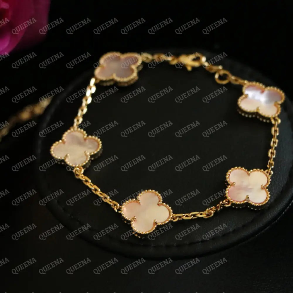 Luxury Clover Jewelry Set with 10 PEARL PINK Clover Flowers (Necklace + Bracelet) - High Quality 18k Gold Plated
