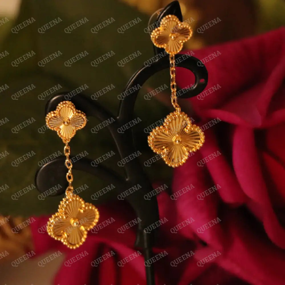 Luxury Gold Sparkle Two Clovers Stud Earrings Earrings