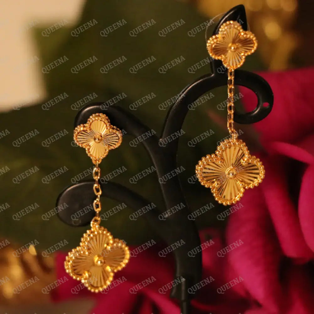 Luxury Gold Sparkle Two Clovers Stud Earrings Earrings