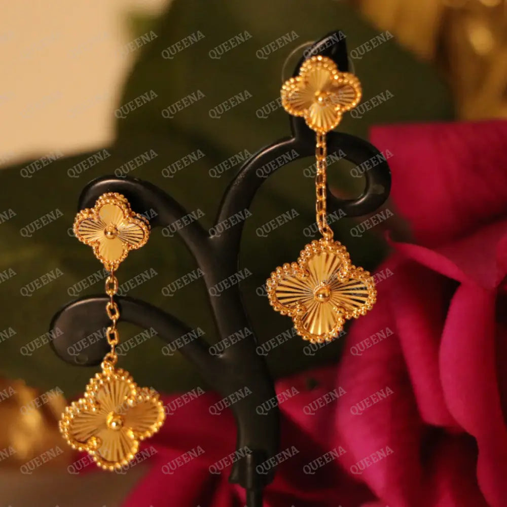 Luxury Gold Sparkle Two Clovers Stud Earrings Earrings